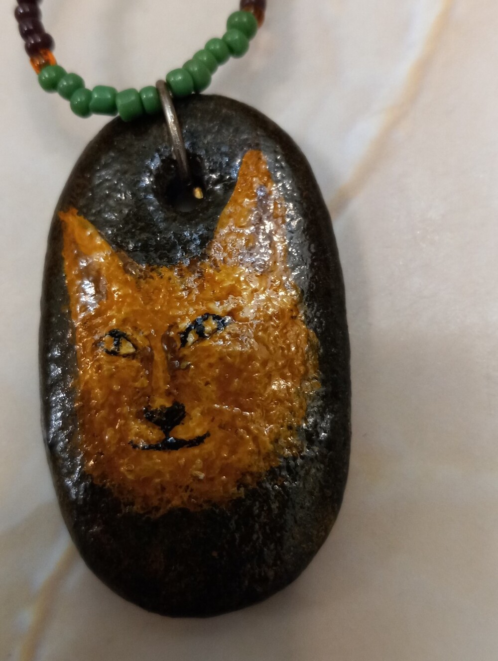 Handcrafted Signed Hand Painted Cat On A Dark Polished Stone Resin Pendant ArtBB